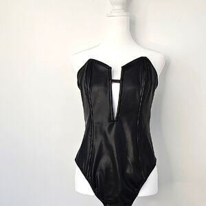 VS Black Eco Leather & Lace Strapless Bustier Bodysuit wBack Zip Whimsigoth Sexy